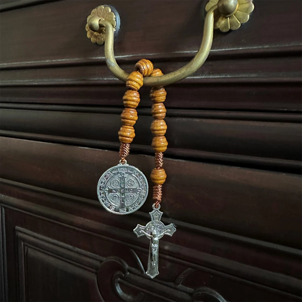 Saint Benedict Medal Prayer Pocket Rosary Catholic Brown Wood Beads with Saint Benedict Medal and Crucifix, 9 Inch