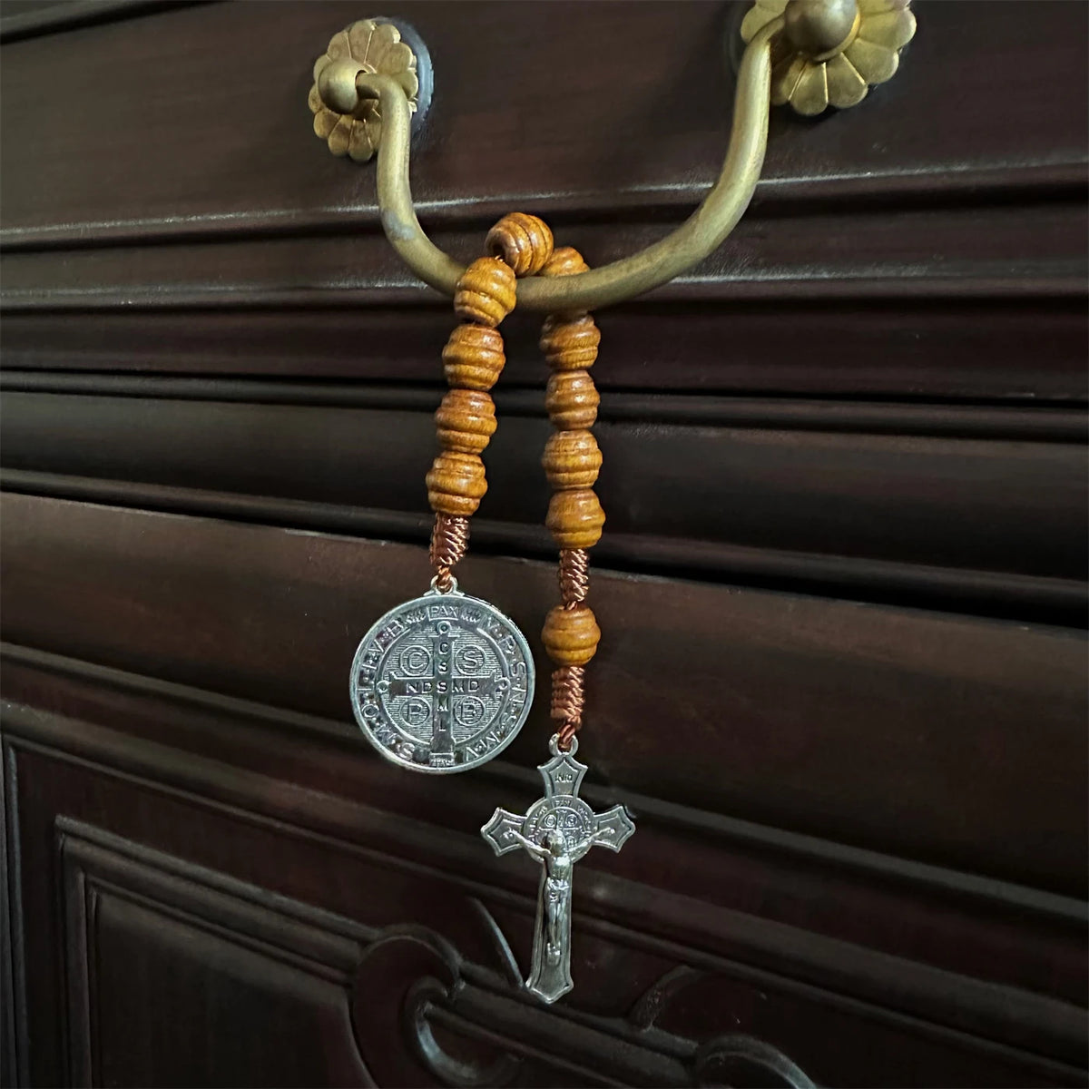 Saint Benedict Medal Prayer Pocket Rosary Catholic Brown Wood Beads with Saint Benedict Medal and Crucifix, 9 Inch