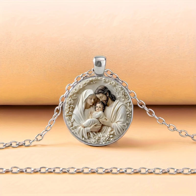 The Holy Family Glass Pendant Necklace Catholic Saint Joseph Virgin Mary Jesus Necklace Jewelry Christmas Gifts