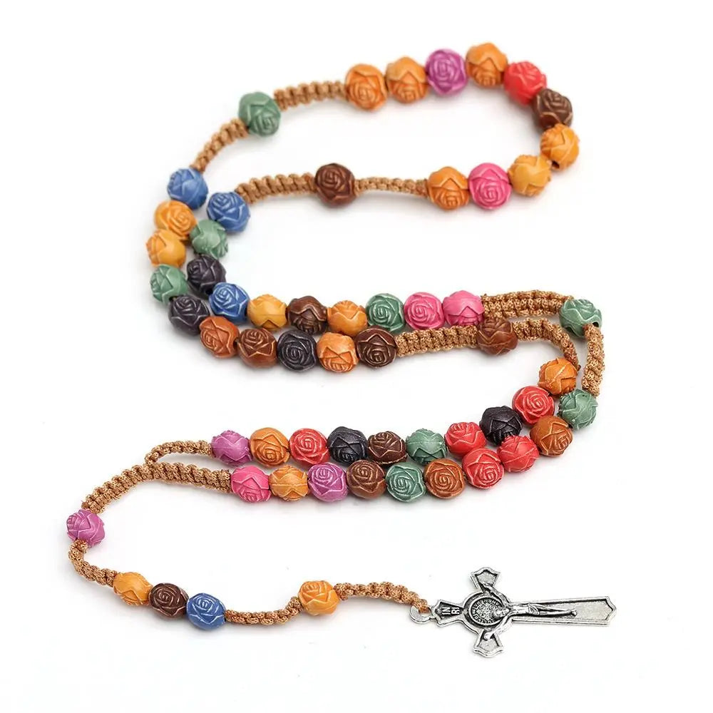 Rose Bead Colorful Cross Necklace Religious Catholic Handmade Rosary Necklace Blessing Durable Crucifix Pendant Chain Men
