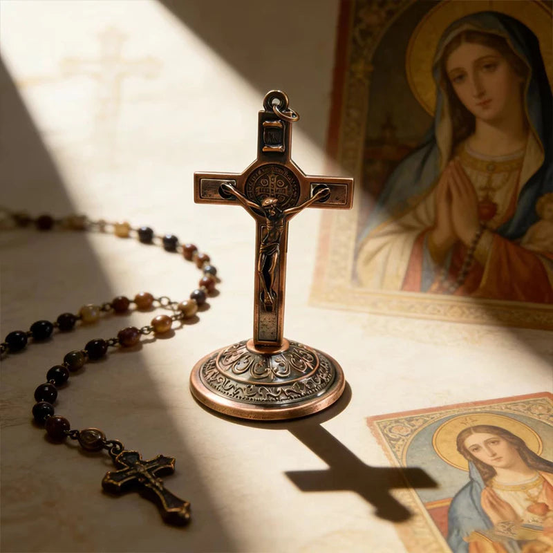 New Traditional Catholic Standing Cross St. Benedict Medal Inlay with Crucifix Premium Devotional Altar Decor for Church & Home