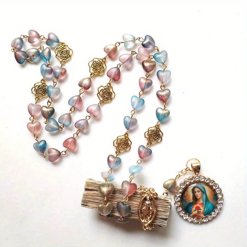 Catholic Rosary Mary Blessing Rosary Prayer Necklace with Amulet Virgin Mary for Cross Pendant Rosary Wall Mounted Necklace