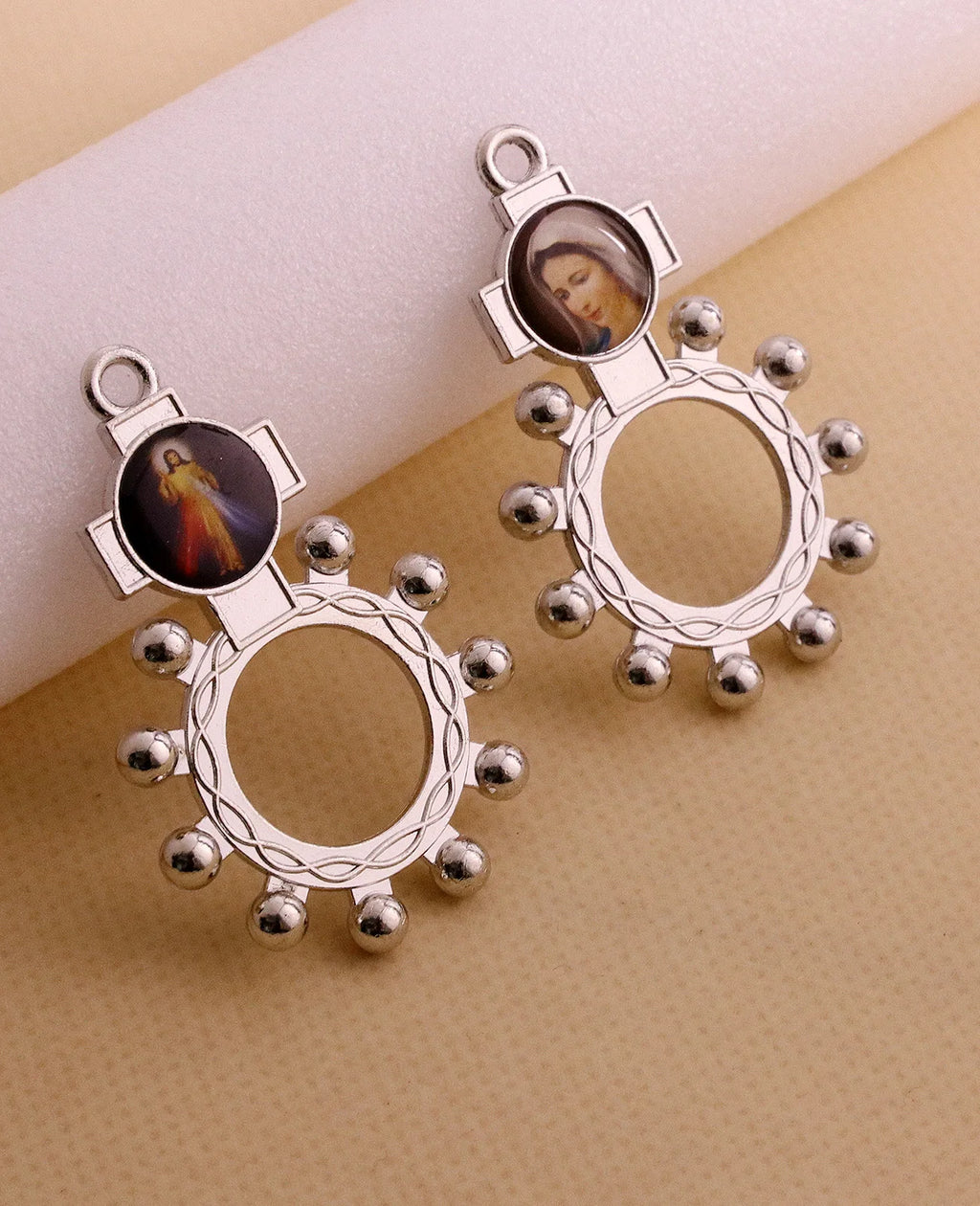 10Pcs Catholic Random Icon Cross Rosary Ring Our Lady of Perpetual Help Icon One Decade Rosary Portable Jewelry Accessories