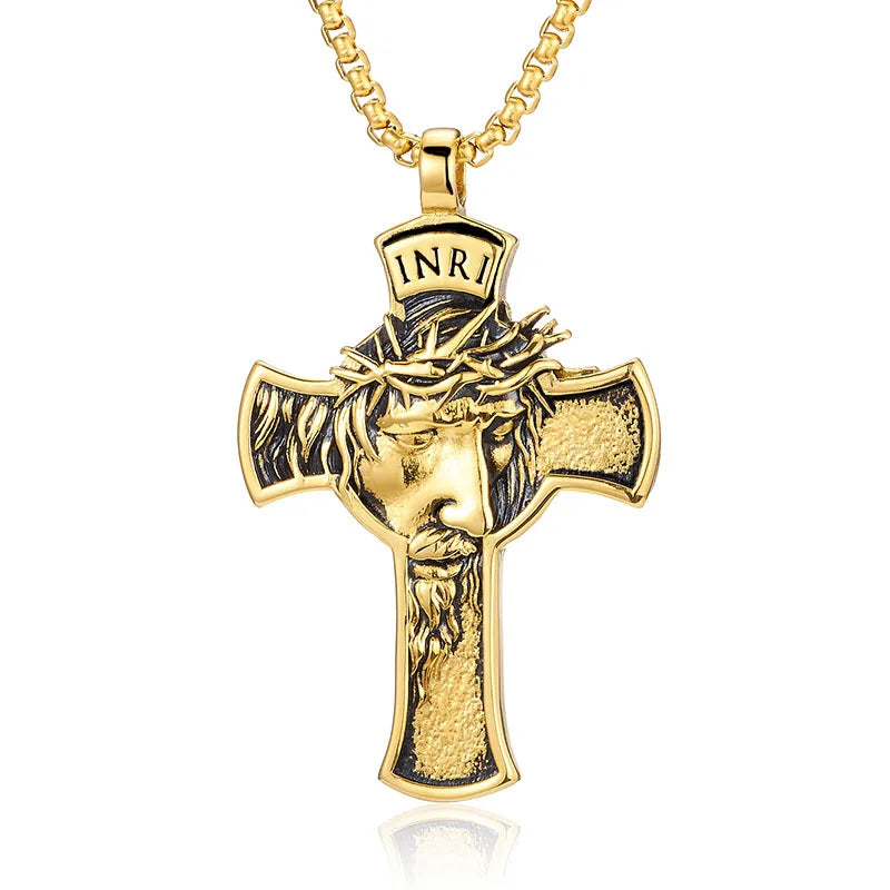 Stainless Steel Titanium Human Head Cross Jesus Hip Hop Pendant Collar Chains Necklace for Women Men Gift Fashion Jewel