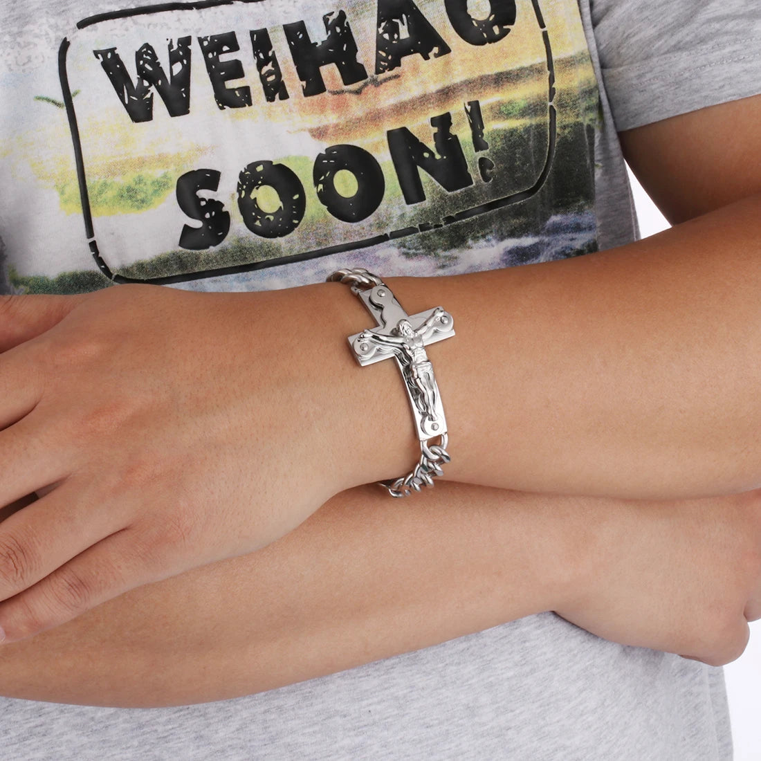 Crucifix Jesus Cross Charm Bracelets Stainless Steel Cuff Bracelets for Men Metal Cuban Hand Chain Religious Male Punk Jewelry