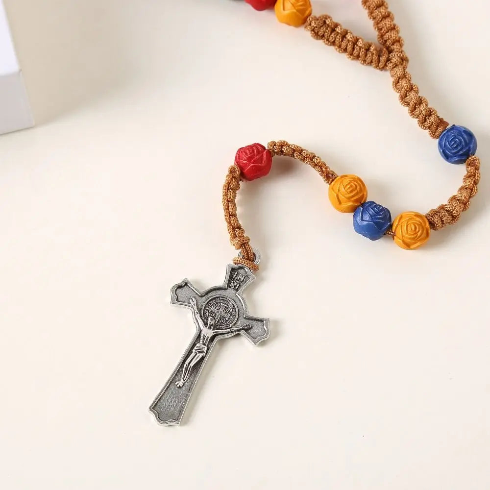 Rose Bead Colorful Cross Necklace Religious Catholic Handmade Rosary Necklace Blessing Durable Crucifix Pendant Chain Men