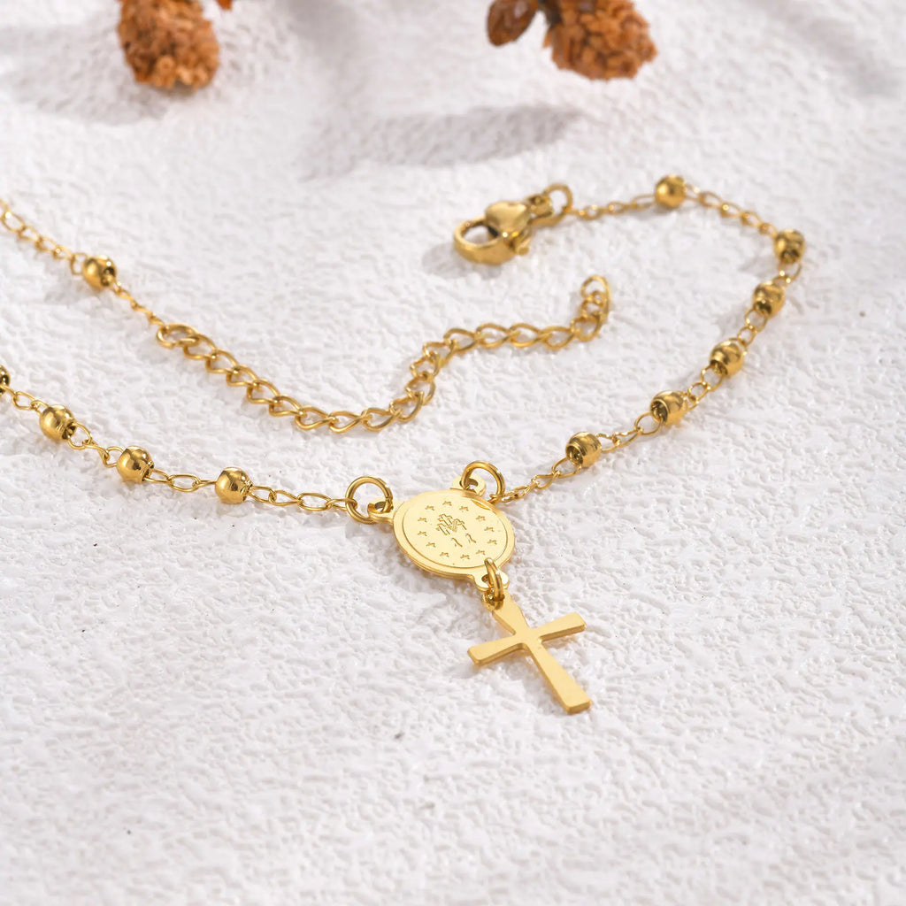 Cross Rosary Adjustable Bracelet for Women, Gold Plated Virgin Mary Christian Catholicism Jewelry