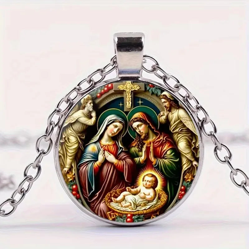 The Holy Family Glass Pendant Necklace Catholic Saint Joseph Virgin Mary Jesus Necklace Jewelry Christmas Gifts