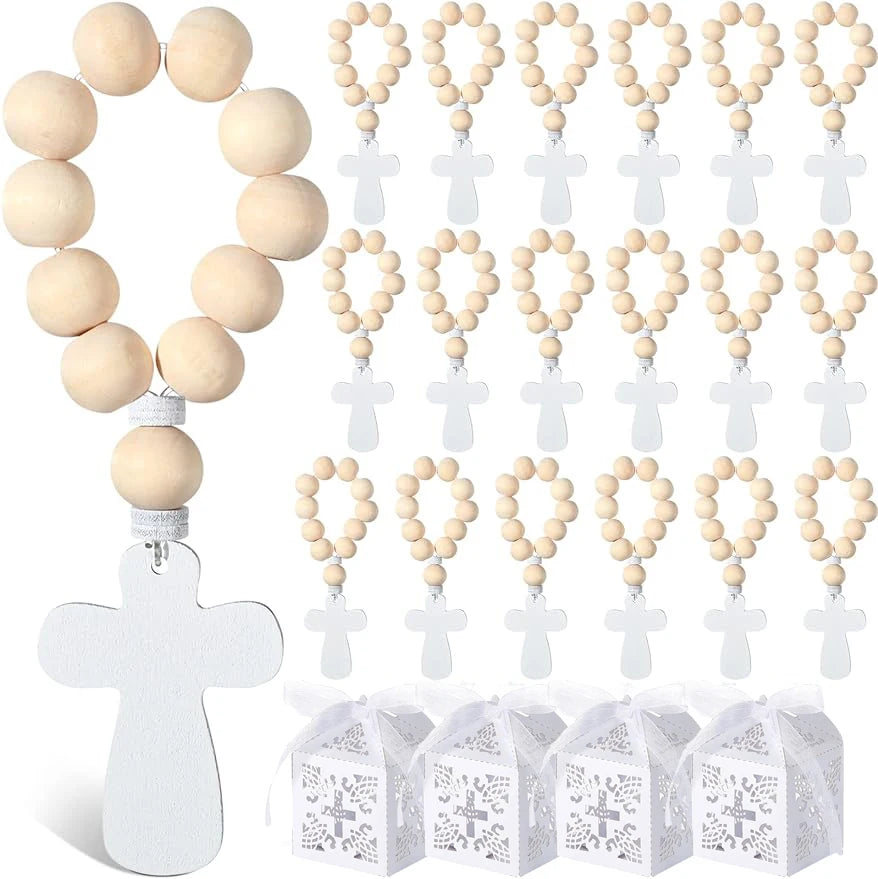 6/12/18PCSWooden Rosary Cross Pendant with White Gift Box for Boys Girls First Holy Communion Baptism Wedding Thank You Gift