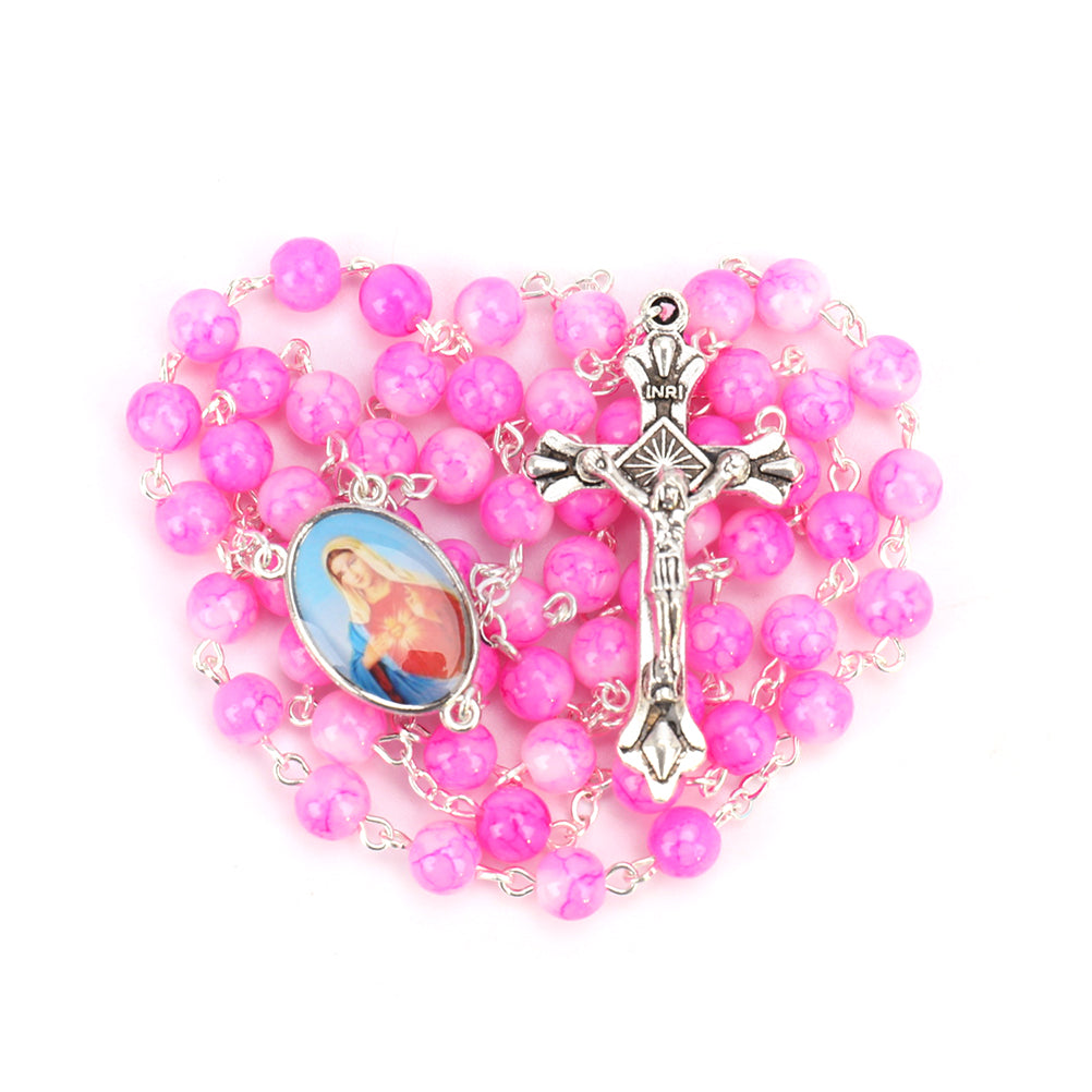 Catholic Rosary Small Size Round Blue Glass Beads Virgin Mary Jesus Necklace