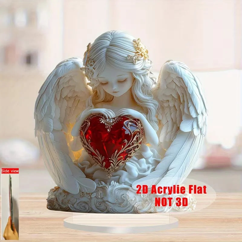 Red Heart Crystal Angel Sculpture Valentine's Day Gift Anniversary Home Office Bedroom Decor
