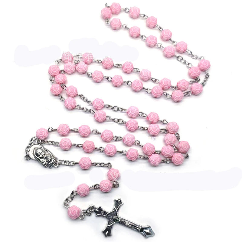 First Communion Rosary Set for Girls with Pink Rose Shaped Bead Pendant Necklace for Girls Catholic Gifts