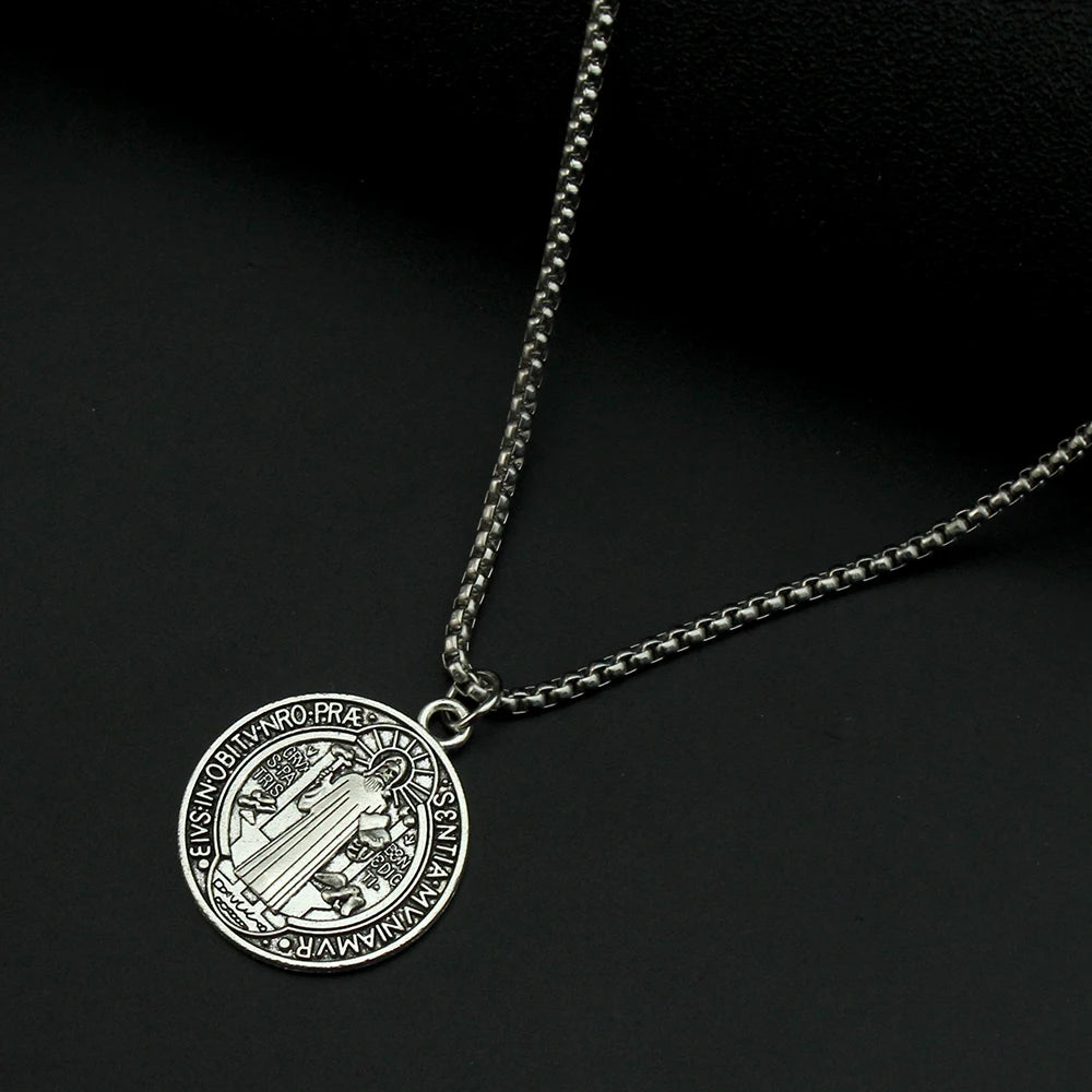 Classic Saint Benedict Medal Pendant Necklace Women Men Stainless Steel Bible Cross Necklace Christian Religious Jewelry