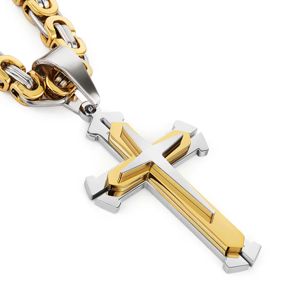 Three Layers Knight Cross Pendants Necklace for Men Stainless Steel Byzantine Link Chain Necklace Male Punk Jewelry Gift