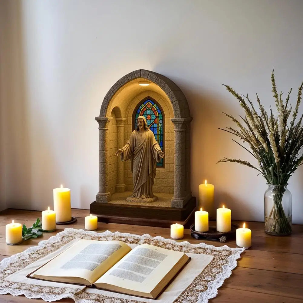 Jesus Statue Virgin Mary Resin Ornament 6" Figurine with Light Ideal Religious Gift for Baptisms Communions Wedding