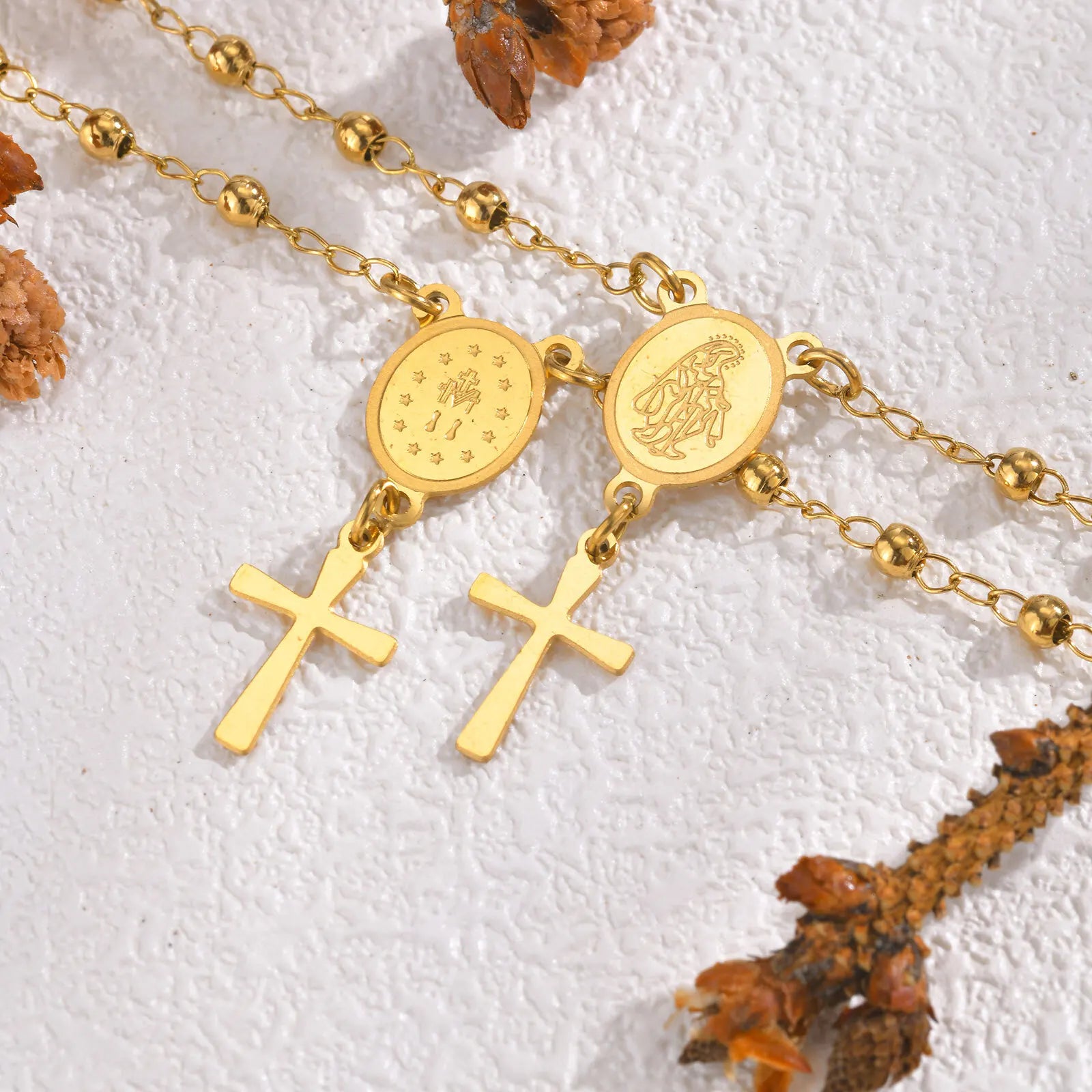Cross Rosary Adjustable Bracelet for Women, Gold Plated Virgin Mary Christian Catholicism Jewelry