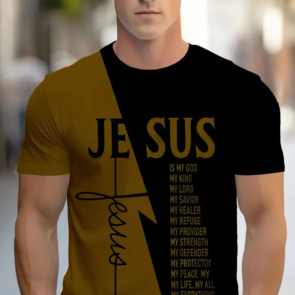Men's Crew Neck Christian Style T-Shirt with Text Design Casual Sports Top Comfortable and Simple Short Sleeve for All Seasons