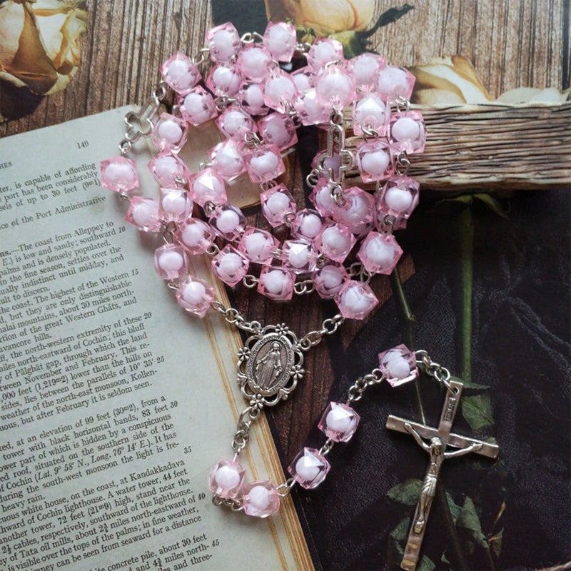 Pink Square Religion for Cross Rosary Necklace Hanging Pendant for Women Men Praying Meditation Gift Supplies
