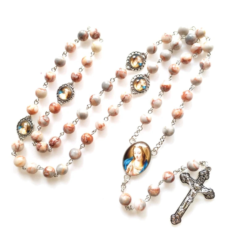 Rosary Glass Beads Catholic Necklace with Jesus Crucifix for Cross, First Communion Gifts, Confirmation Gifts for Te