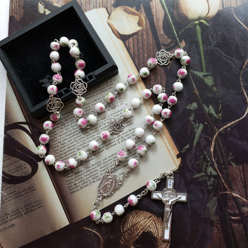 Rosary Glass Beads Catholic Necklace with Jesus Crucifix for Cross, First Communion Gifts, Confirmation Gifts for Te