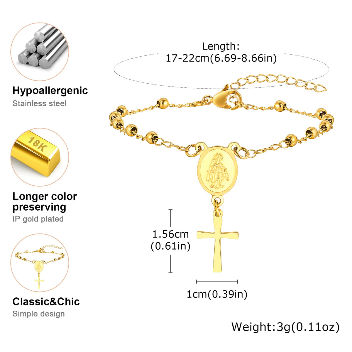 Cross Rosary Adjustable Bracelet for Women, Gold Plated Virgin Mary Christian Catholicism Jewelry