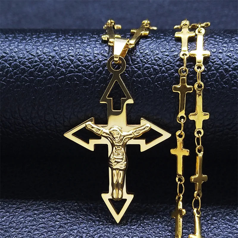 Christian Cross Jesus Stainless Steel Necklace for Women/Men Gold Color Crucifi
