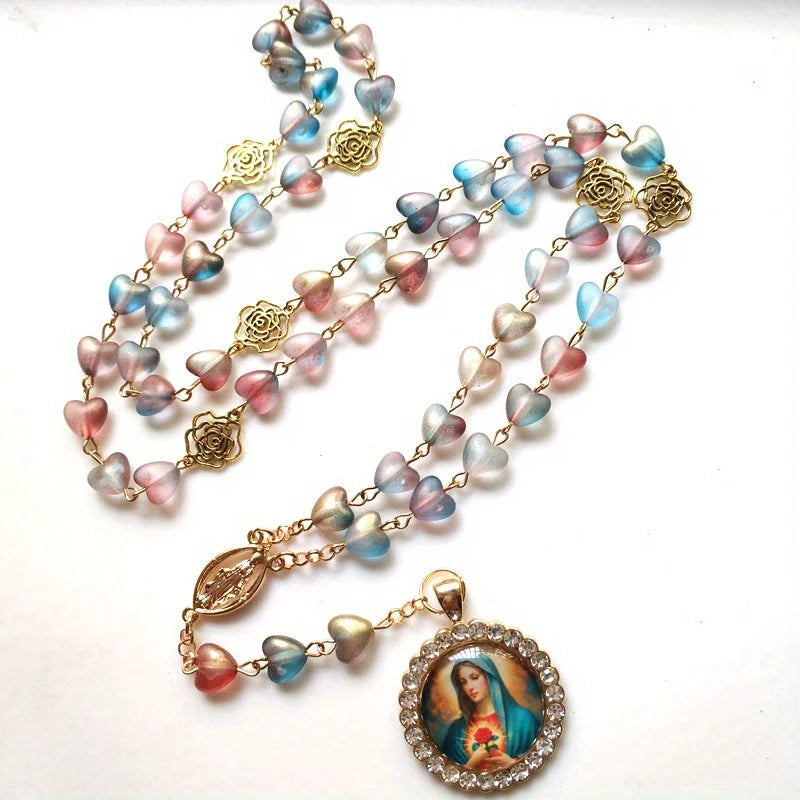 Catholic Rosary Mary Blessing Rosary Prayer Necklace with Amulet Virgin Mary for Cross Pendant Rosary Wall Mounted Necklace
