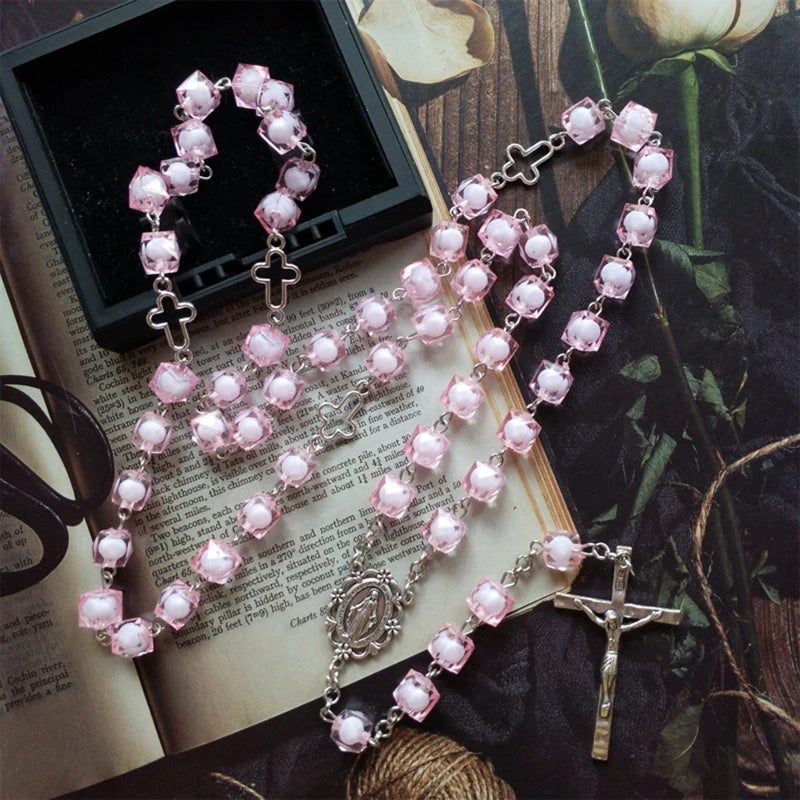 Pink Square Religion for Cross Rosary Necklace Hanging Pendant for Women Men Praying Meditation Gift Supplies