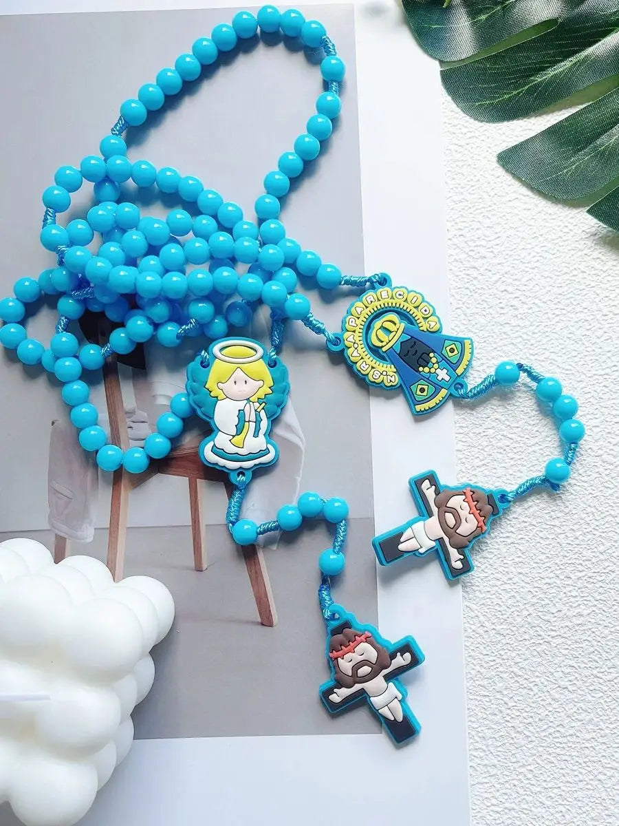 1 Piece Set Children's Catholic Rosary with Virgin Mary Angel Cross Pendant Boys Girls Communion Party Gift