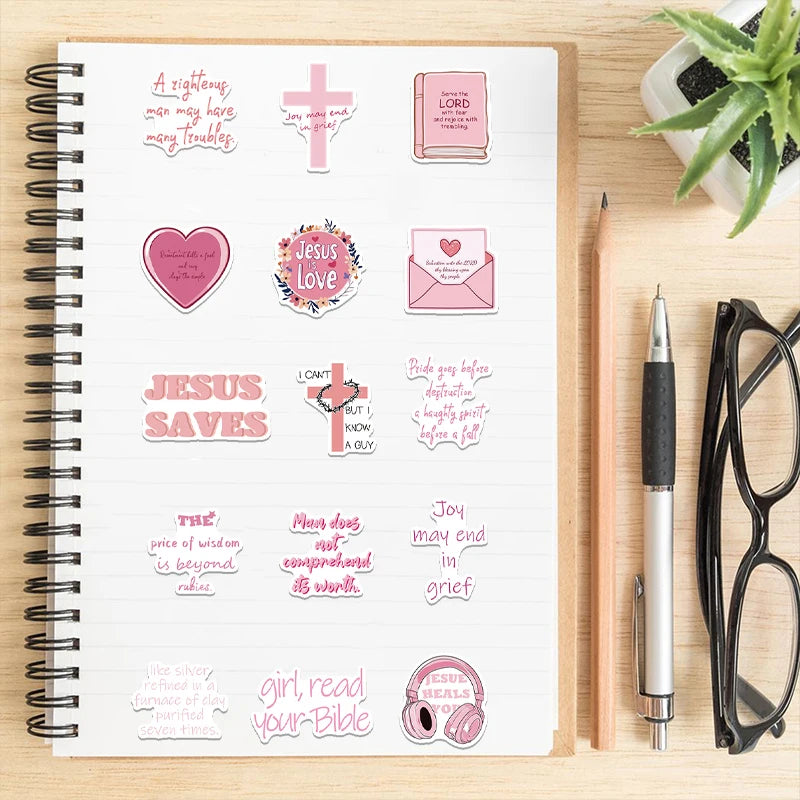 50PCS Pink Bible Verse Stickers Christian Faith Inspirational Religious Decals for Laptop Water Bottle Scripture Sticker