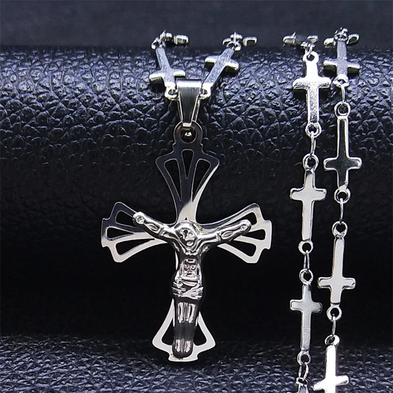 Christian Cross Jesus Stainless Steel Necklace for Women/Men Gold Color Crucifi
