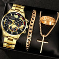 4pc  A fashionable men's watch set, paired with a cross necklace, ring, and bracelet, is the perfect gift for Valentine's Day.