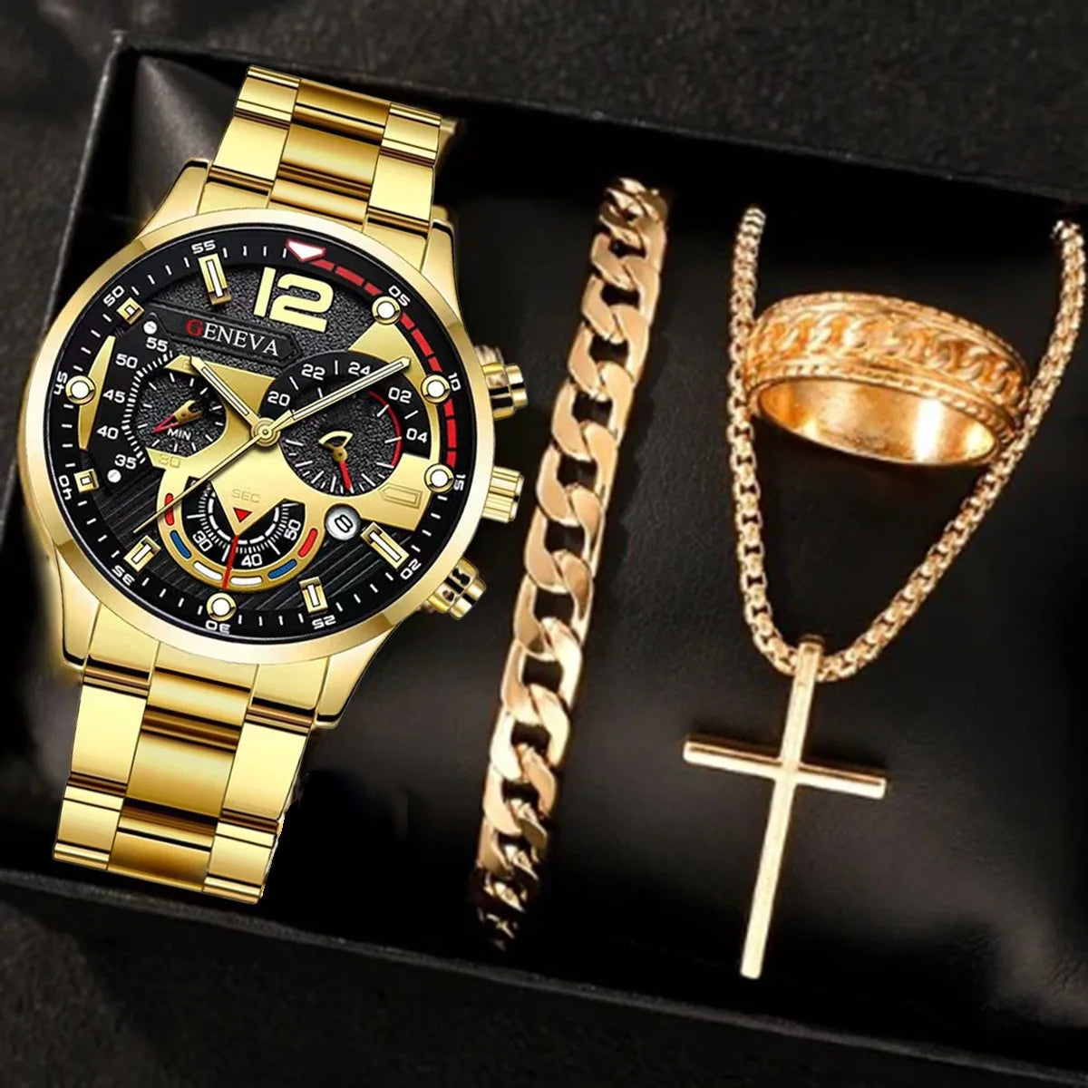 4pc  A fashionable men's watch set, paired with a cross necklace, ring, and bracelet, is the perfect gift for Valentine's Day.