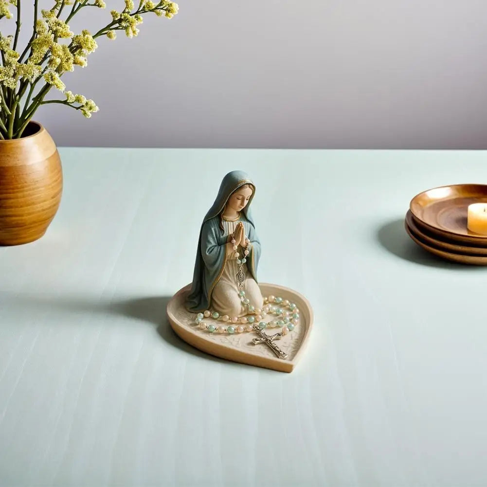 Virgin Mary Rosary Holder Statue Resin Elegant Our Lady Prayer Rosary Box Our Lady of Grace Statue Desktop Ornaments Home Decor