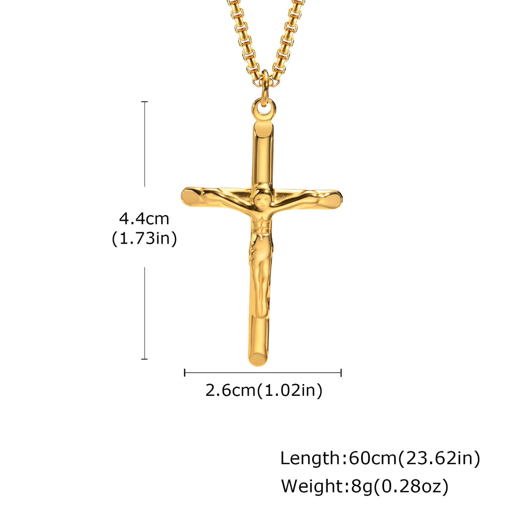 Stainless Steel Cross Necklace Catholicism Jesus Pendant Gold Color Collar Church Prayer Faith Jewelry for Men Women Gift