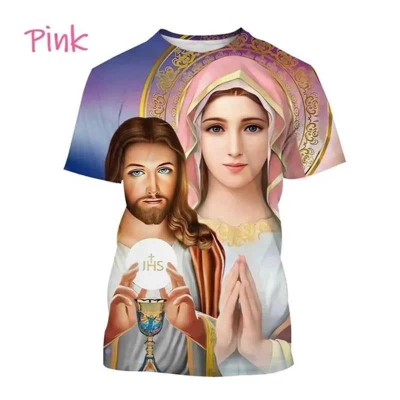 Christian Mother Of God Virgin Mary T-Shirt For Men Jesus Loves Casual Crew Neck Tee Tops Short Sleeve Oversized Men Tshirt