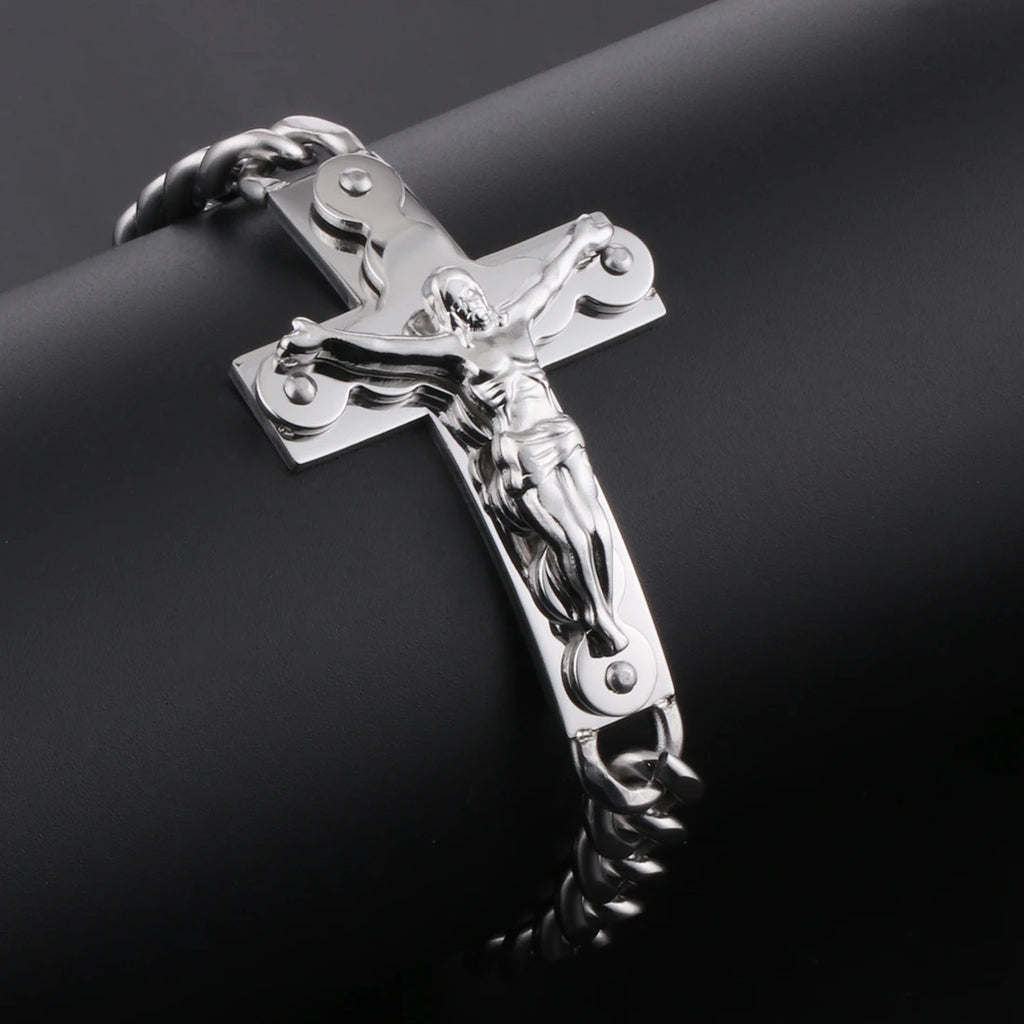 Crucifix Jesus Cross Charm Bracelets Stainless Steel Cuff Bracelets for Men Metal Cuban Hand Chain Religious Male Punk Jewelry