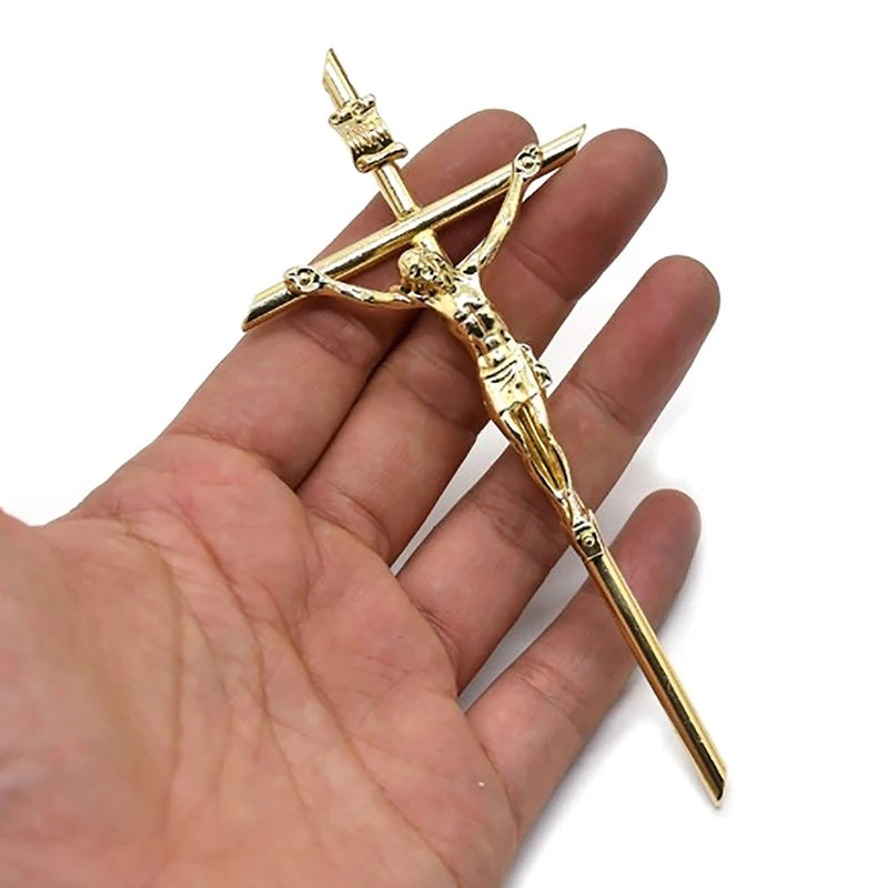 Gold Crucifix Wall Decor Handheld Metal Cross Blessing Sacred Crucifix Gift for Grandma Boys Baptism Gift 5.8*12cm