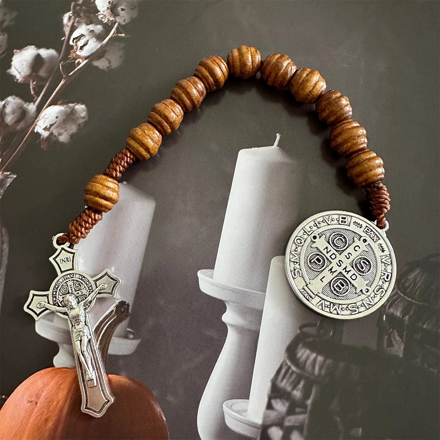 Saint Benedict Medal Prayer Pocket Rosary Catholic Brown Wood Beads with Saint Benedict Medal and Crucifix, 9 Inch