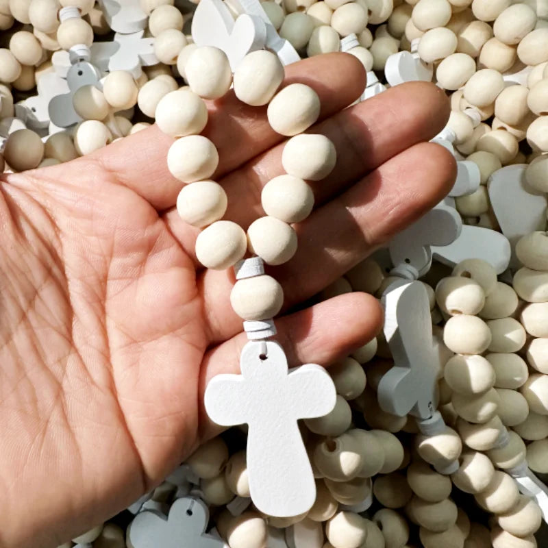 6/12/18PCSWooden Rosary Cross Pendant with White Gift Box for Boys Girls First Holy Communion Baptism Wedding Thank You Gift