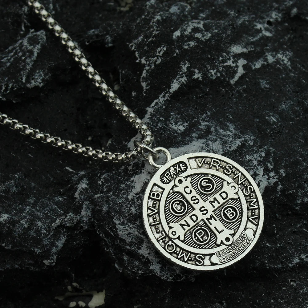 Classic Saint Benedict Medal Pendant Necklace Women Men Stainless Steel Bible Cross Necklace Christian Religious Jewelry