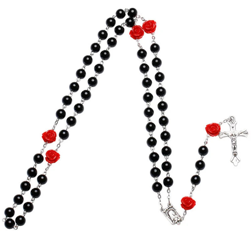 Catholic Purple Glass Beads Rosary Necklace For Women INRI Cross Crucifix Pendant Rose Chain Fashion Religion Jewelry