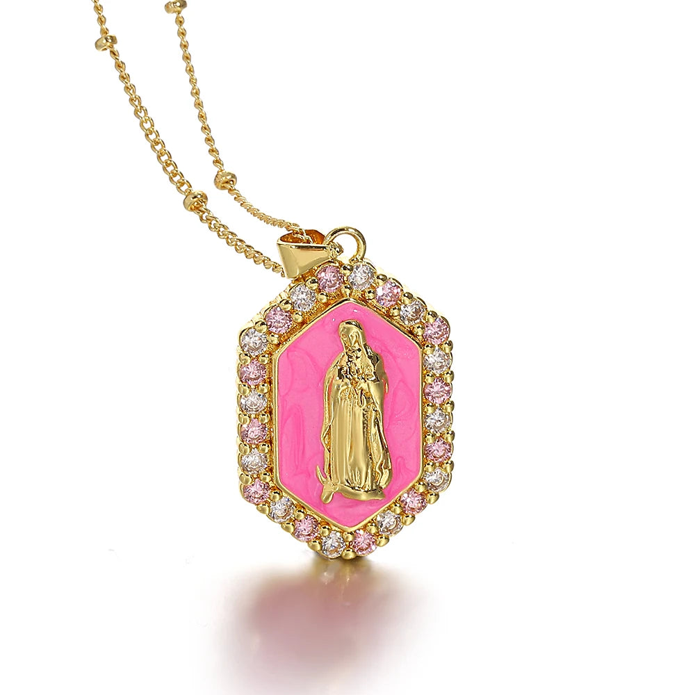 Religious Virgin Mary Medal Necklace for Women Men Rainbow Enamel Rhinestone Pendant Necklaces Catholic Christian Collar Jewelry