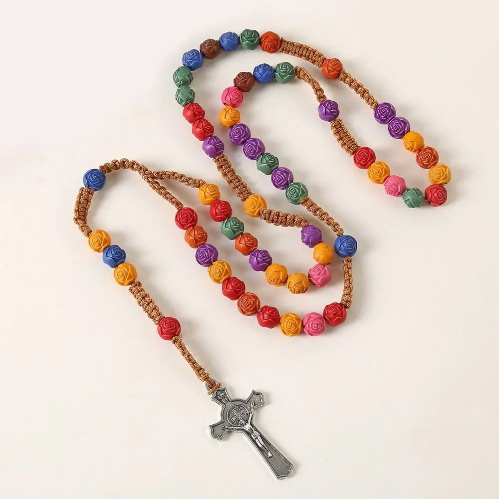 Rose Bead Colorful Cross Necklace Religious Catholic Handmade Rosary Necklace Blessing Durable Crucifix Pendant Chain Men
