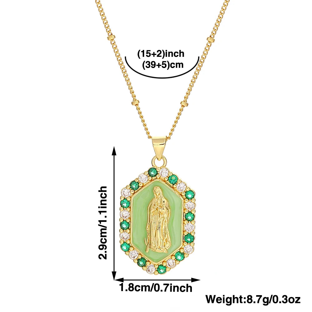 Religious Virgin Mary Medal Necklace for Women Men Rainbow Enamel Rhinestone Pendant Necklaces Catholic Christian Collar Jewelry