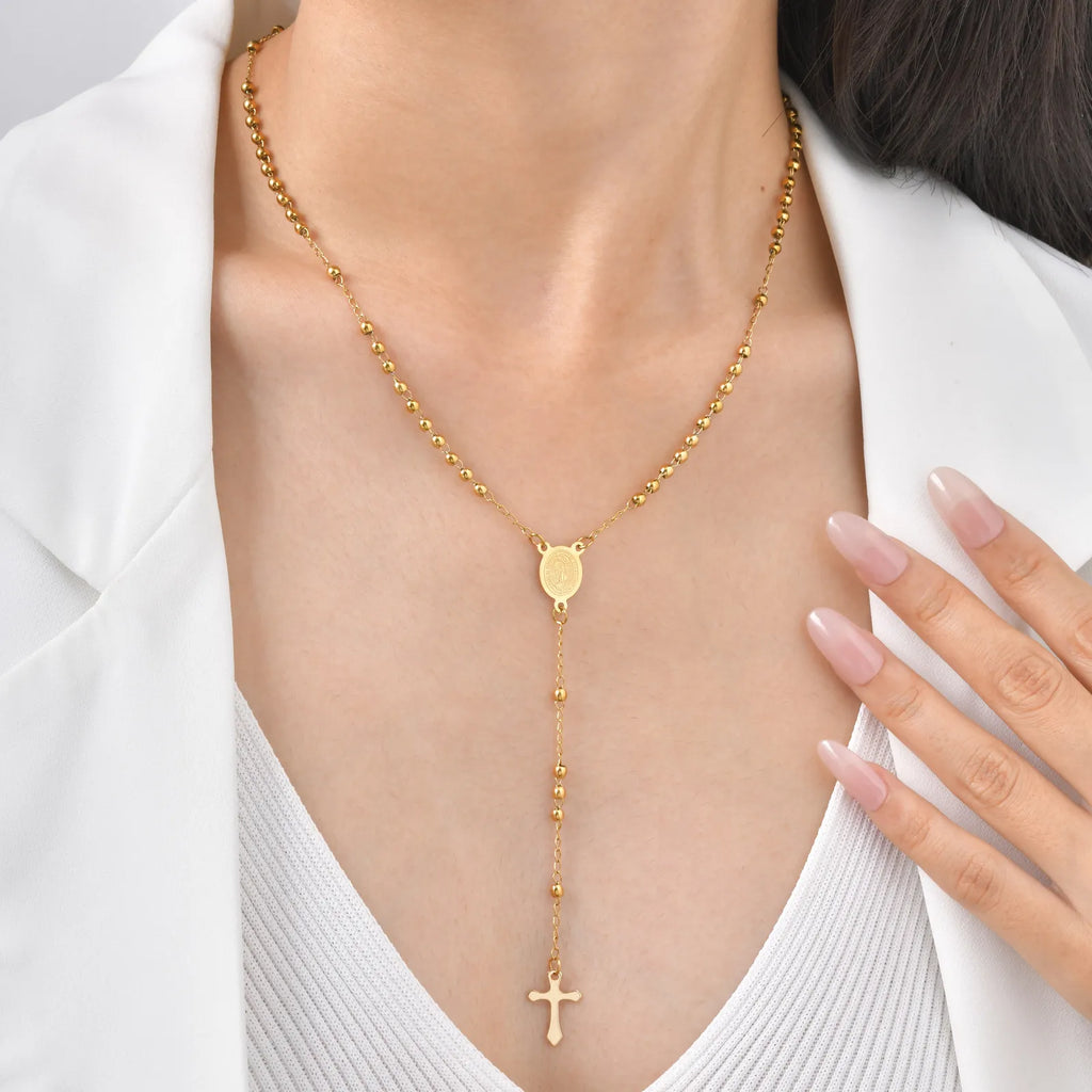 Rosary Virgin Cross Drop Y-shaped Necklace for Women,Stainless Steel Link Bead Chain Prayer Necklaces,Mary Jewelry Gift