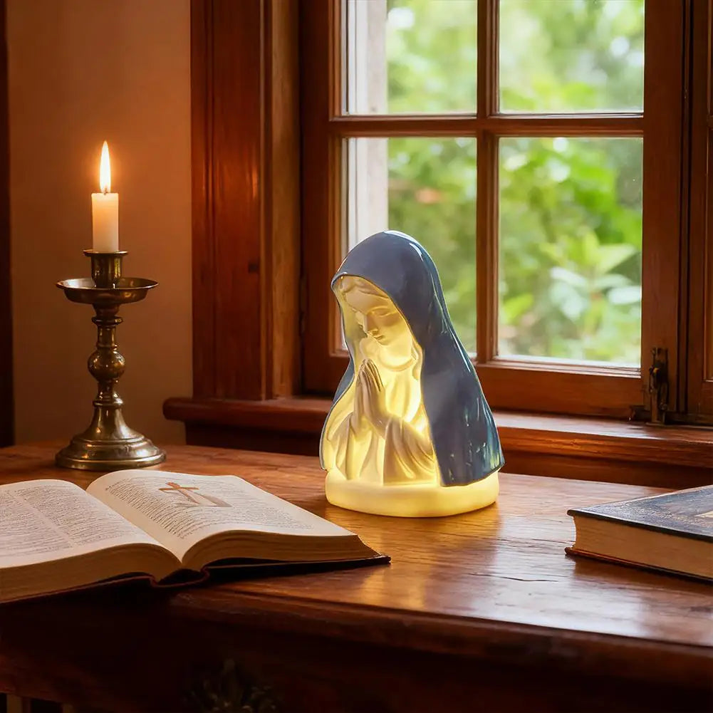 Virgin Mary Prayer Statue with Light, Christian Prayer Lamp for Home Christian Decor, Hand Painted Blessed Virgin Mary Statue