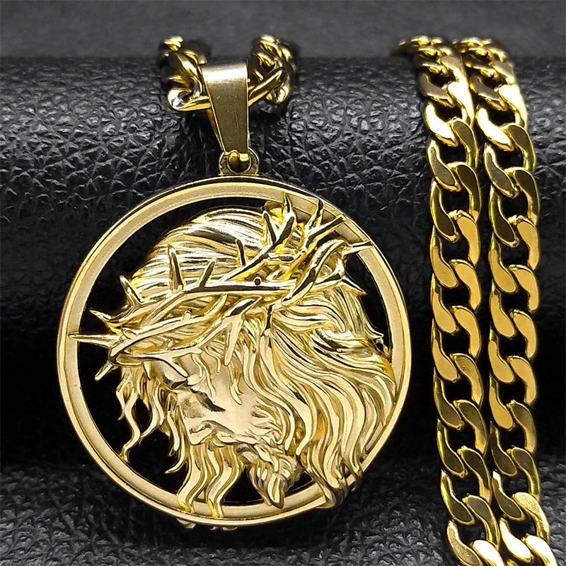 Jesus Crown of thorns Men's Necklace Stainless Steel Gold Color Chain Crucifix Medal Male Neckalces Religious Jewelry NZZ460S05