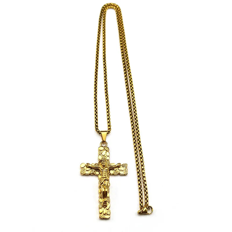 Stainless Steel Christian Jesus Crucifix Cross Pendants Necklaces for Men Women Gold Color Chain Amulet Jewelry
