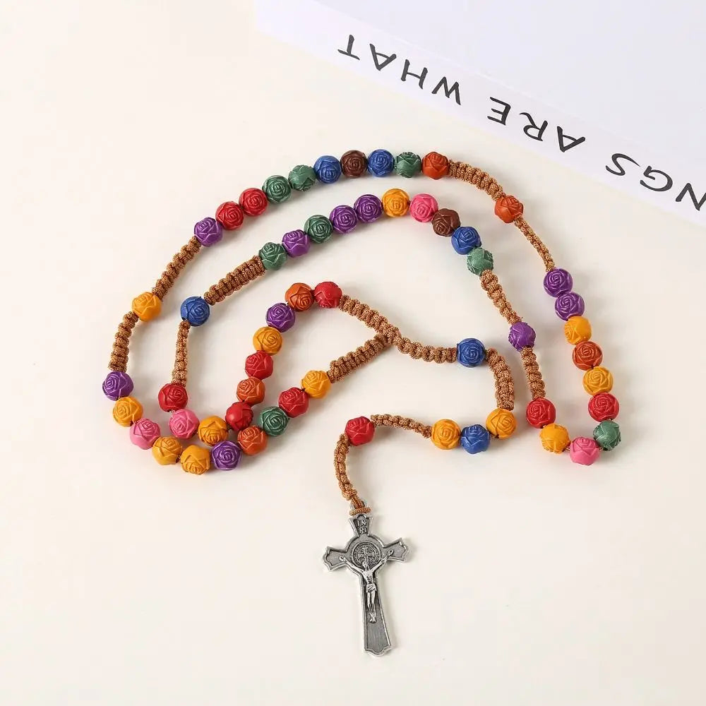 Rose Bead Colorful Cross Necklace Religious Catholic Handmade Rosary Necklace Blessing Durable Crucifix Pendant Chain Men